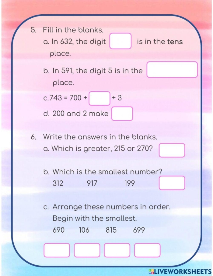 Numbers to 1,000 counting assessment check-in for elementary students Second grade math worksheet showing counting exercises with numbers organized by ones, tens, and hundreds up to 1,000