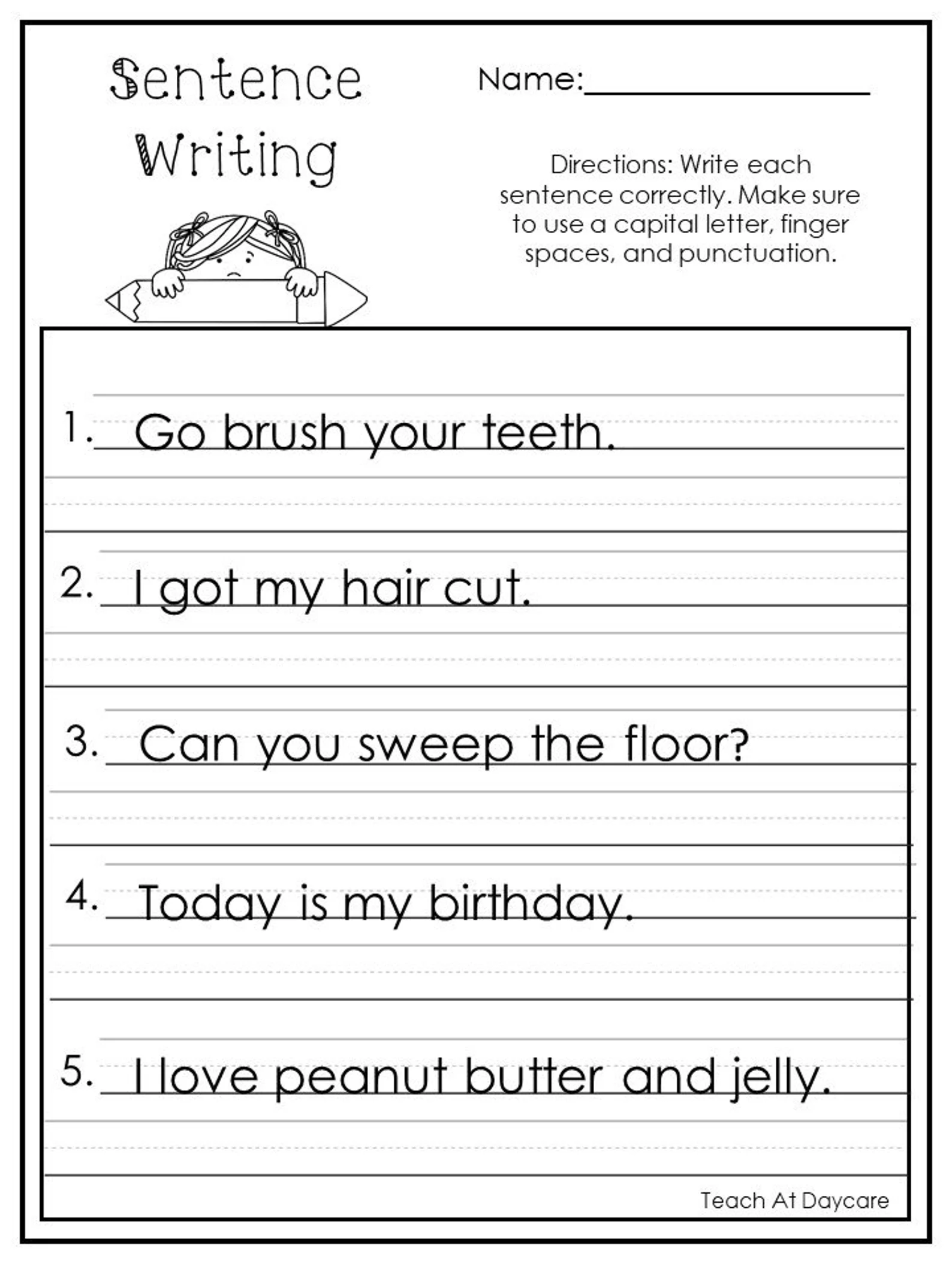 Creative sentence stretching activity for young learners in the Alphabet category First Grade Sentence Practice worksheet encouraging creative sentence building