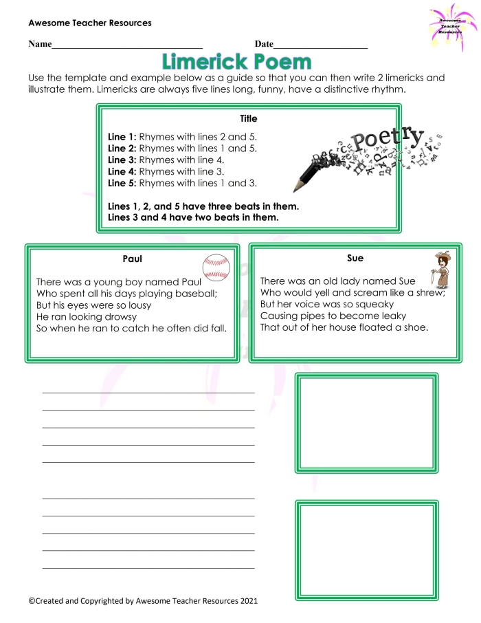 Limerick writing practice worksheet for kids to create funny poems 20 Third Grade Write Your Own Limerick worksheet with fun writing prompts