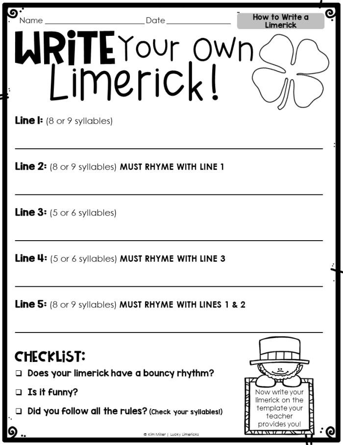 Engaging limerick writing activity for kids on worksheet number 9 Third Grade student working on a Write Your Own Limerick worksheet with colorful illustrations