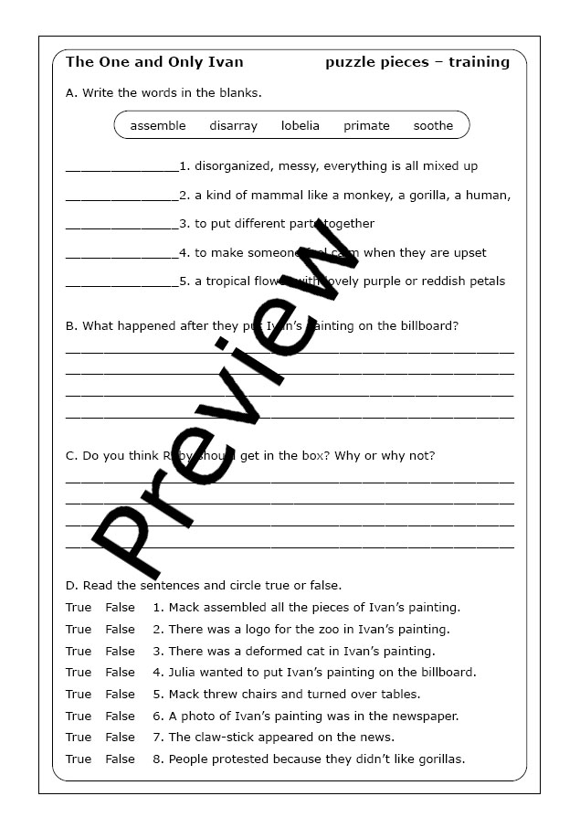 Third grade worksheet for a zoo design project based on The One and Only Ivan
