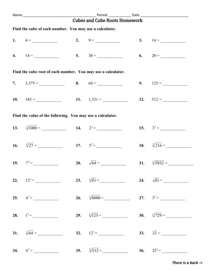 Cube roots and cubic equations practice problems for middle school algebra Eighth grade student solving cubic equations with cube root operations on a math worksheet