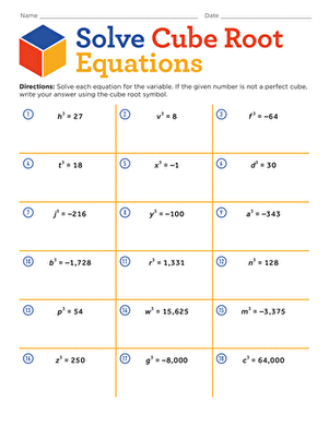Practice problems for solving equations containing cubed variables and cube roots Eighth grade student solving cubic equations with cube root operations on a math worksheet