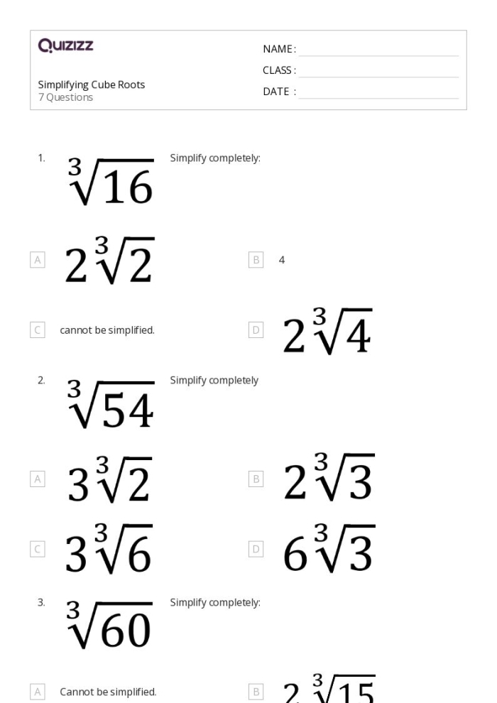 Practice problems for isolating variables in equations containing cubed terms and cube roots Eighth grade student solving cubic equations with cube root operations on a math worksheet
