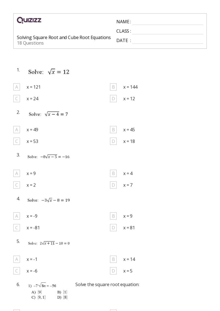 Practice problems for isolating variables in equations containing cubed terms and cube roots Eighth grade student solving cubic equations with cube root operations on a math worksheet