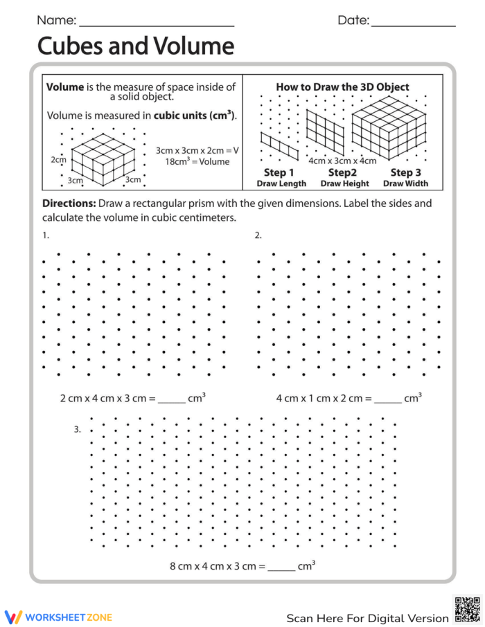 Worksheet image illustrating volume calculations using cubes for rectangular prisms