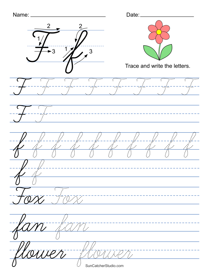 Cursive F writing practice worksheet for young learners number 5 Third grade student practicing cursive F on a worksheet with guided lines