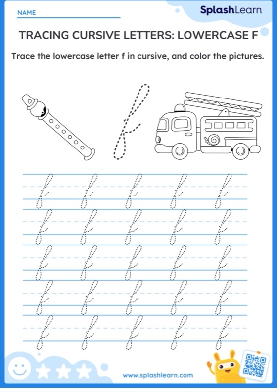 Worksheet for practicing the cursive letter F in third grade writing lessons Third grade cursive F writing practice worksheet for handwriting improvement