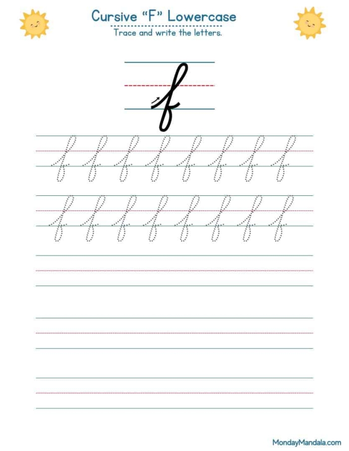 Practice cursive F with this helpful worksheet designed for young learners in third grade Third grade cursive F writing practice worksheet with guided lines and sample letters