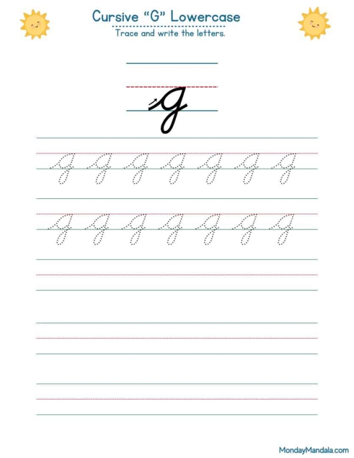 Third Grade cursive G practice worksheet with guided strokes and writing lines