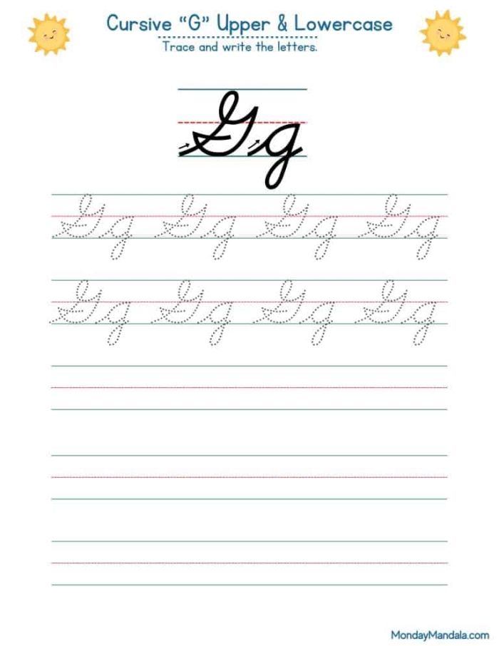 Third grade student practicing cursive letter G on a worksheet