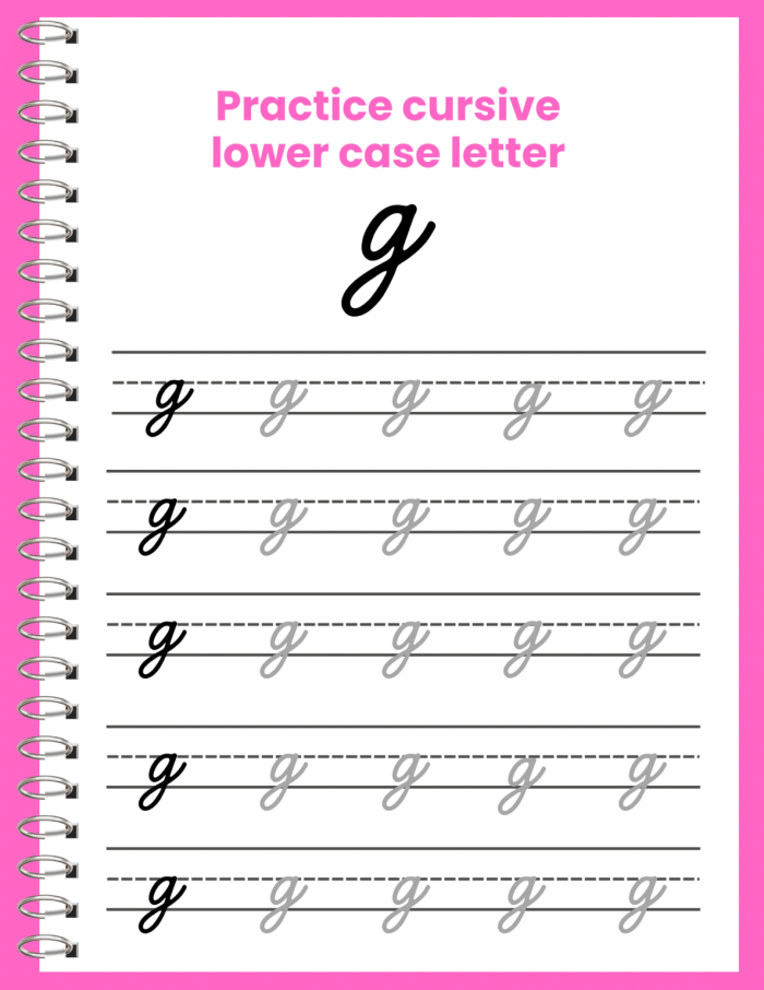 Third grade student practicing the cursive letter G on a worksheet