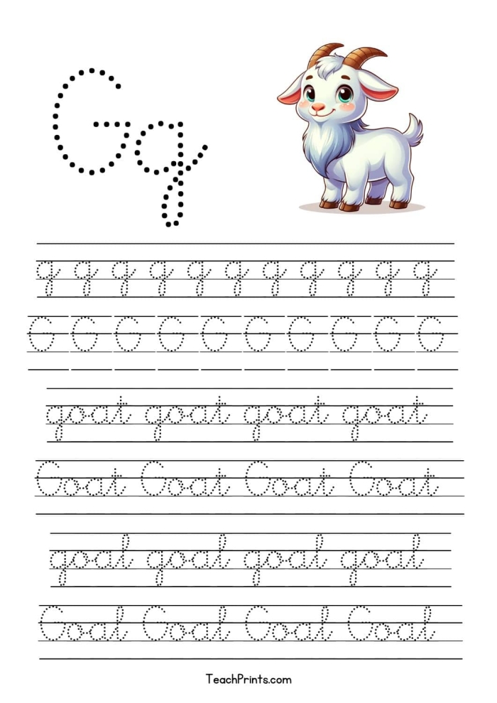 Third grade cursive G practice worksheet with guided tracing lines