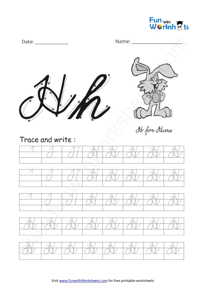 Cursive H worksheet for Third Grade