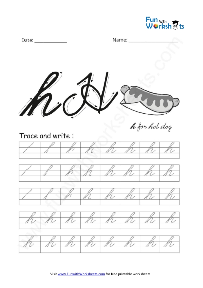 Cursive H worksheet for Third Grade
