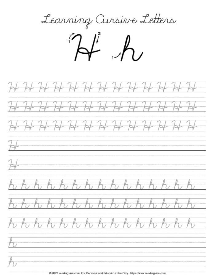 Cursive H worksheet for Third Grade
