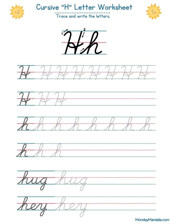 Cursive H worksheet for Third Grade