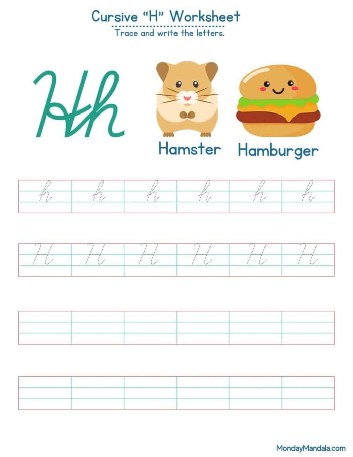 Cursive H worksheet for Third Grade