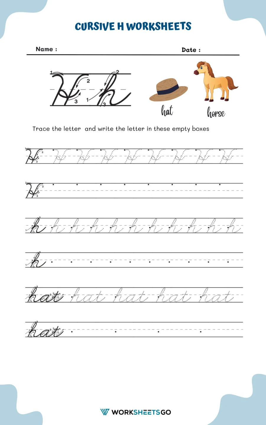 Cursive H worksheet for Third Grade