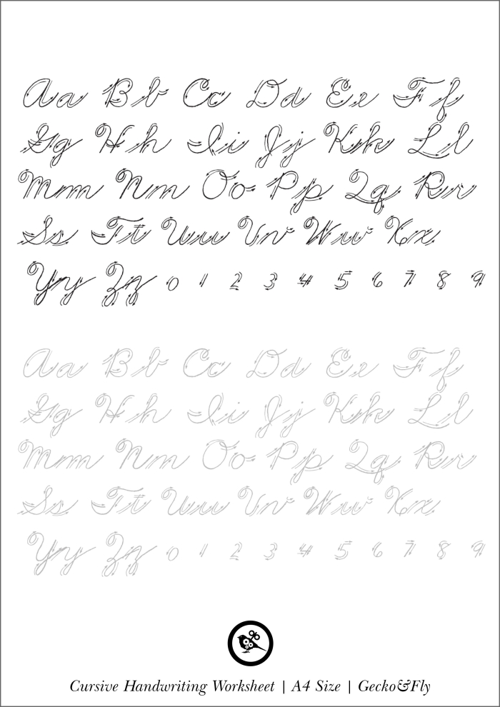Cursive handwriting worksheet featuring capital and lowercase "A" for third graders to practice writing "A" as in Alligator