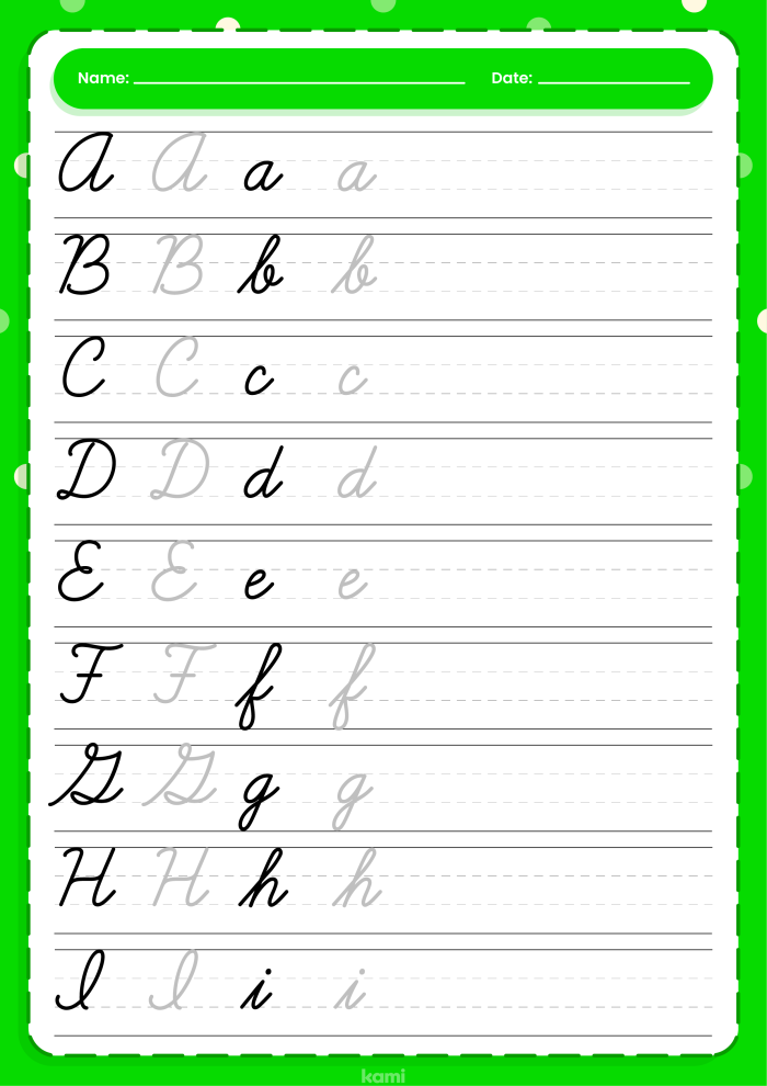 Cursive handwriting practice worksheet featuring capital and lowercase "A" for third graders