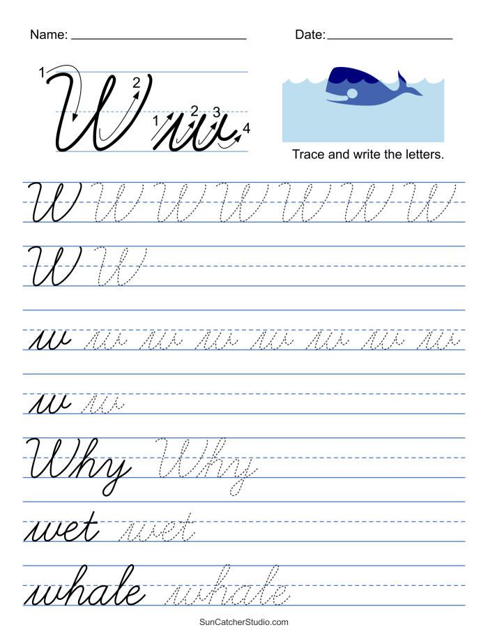 Cursive handwriting practice worksheet featuring "A" for Alligator for third graders