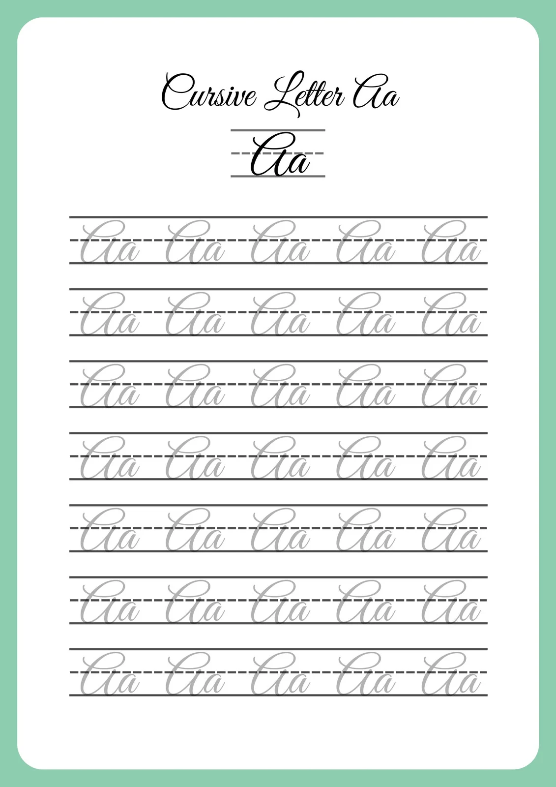 Cursive handwriting worksheet featuring capital and lowercase "A" with an alligator theme for third graders