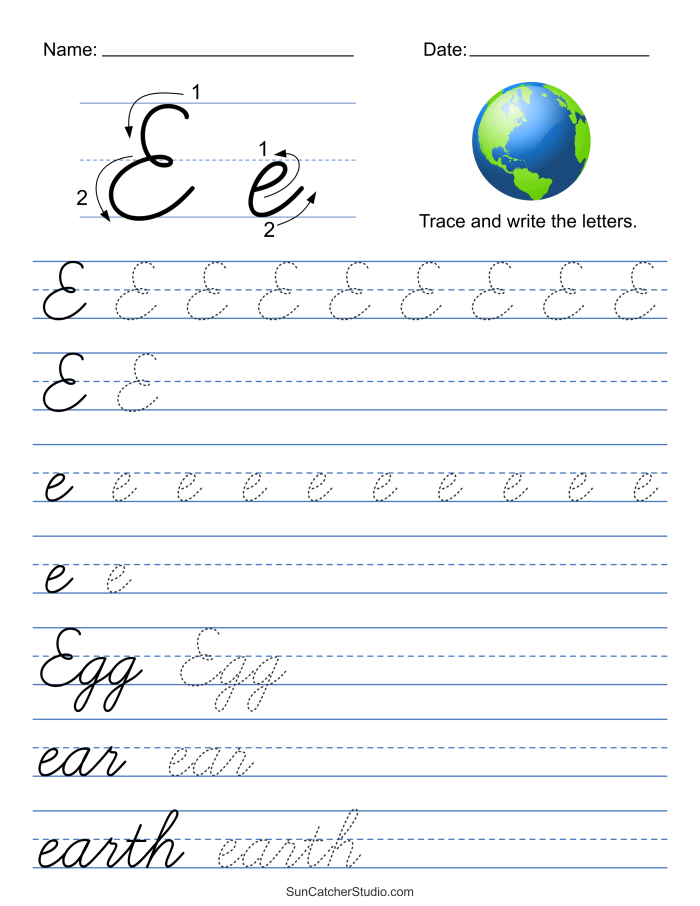 Cursive handwriting worksheet for third graders featuring the letter "A" with an alligator theme