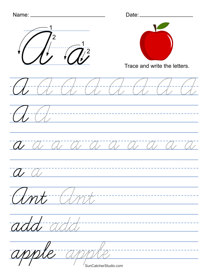 Cursive handwriting worksheet for third graders featuring the letter "A" and an alligator illustration