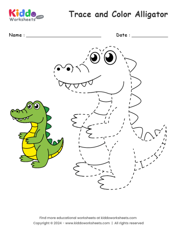 Cursive handwriting worksheet for third graders featuring the letter "A" and an alligator illustration