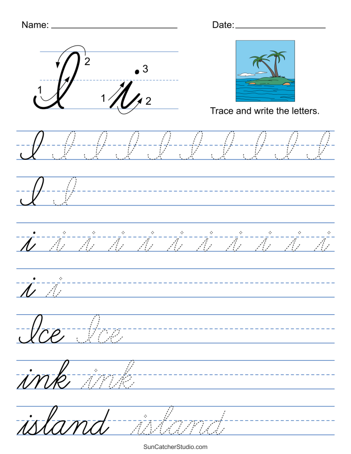 Cursive handwriting worksheet for third graders featuring the letter "A" and an alligator illustration