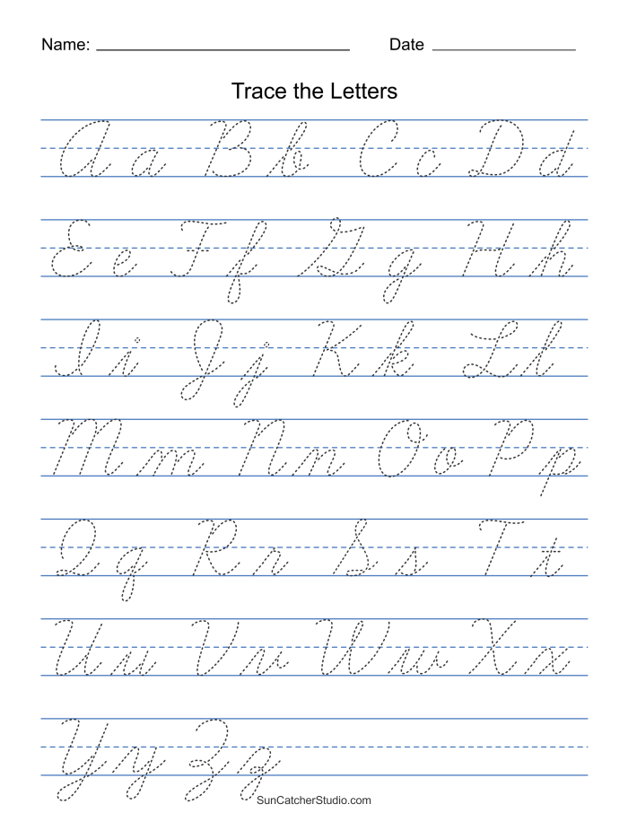 Cursive handwriting worksheet for third graders featuring the letter "A" and an alligator illustration