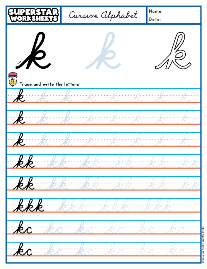 Kyle practices writing cursive K letters with his keys on this third grade phonics worksheet