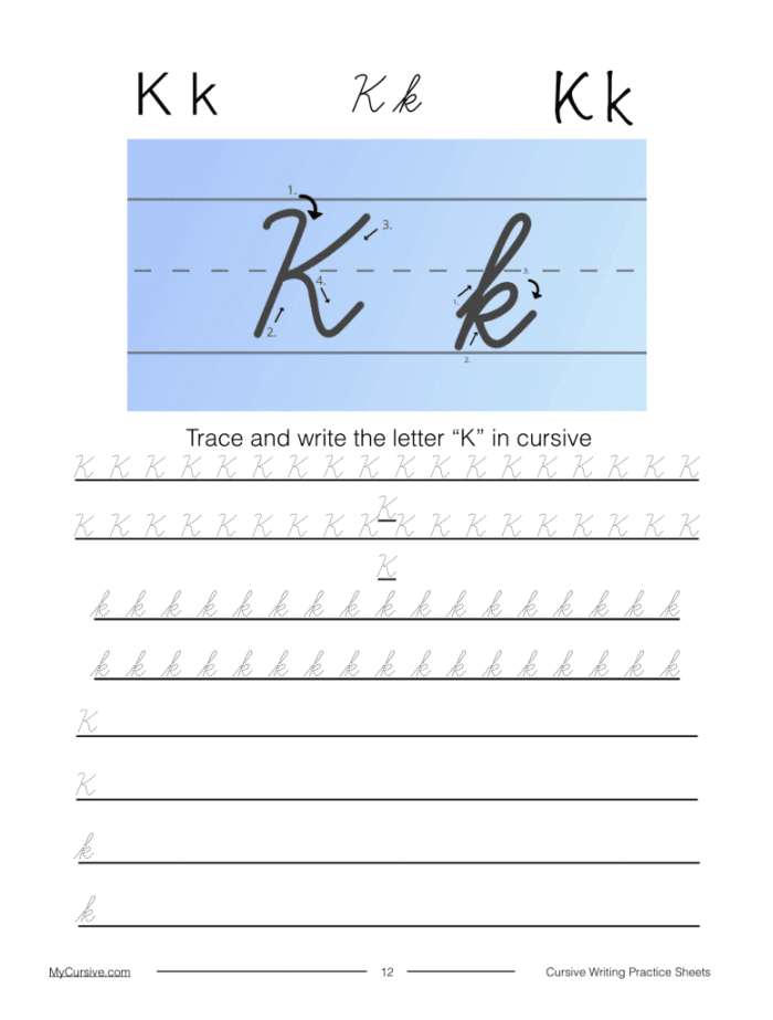 Kyle practices writing capital and lowercase K in cursive with his collection of keys on this third grade phonics worksheet