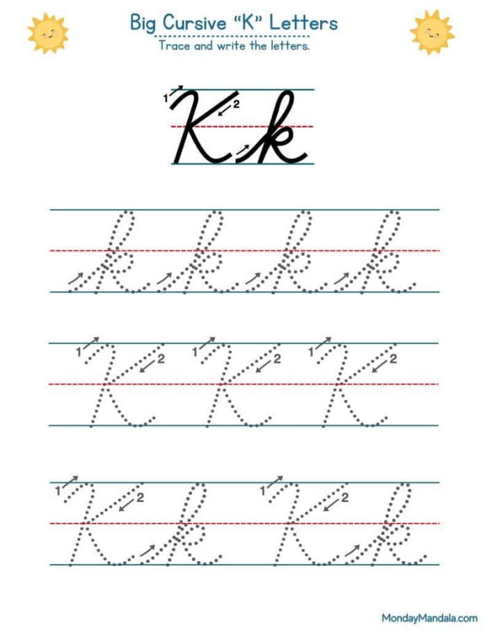 Kyle practices writing capital and lowercase K in cursive with his collection of keys on this third grade phonics worksheet