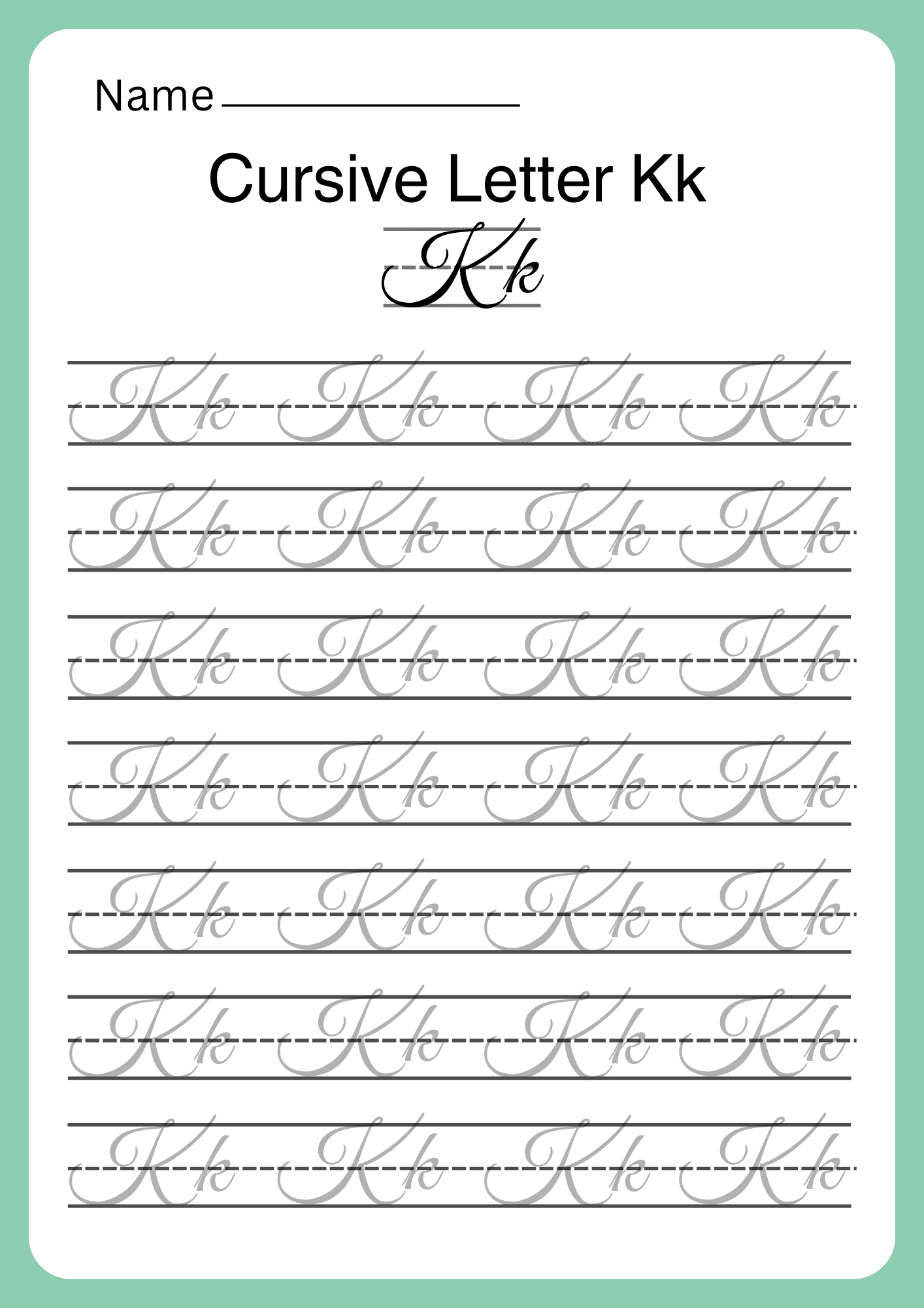 Kyle practices writing capital and lowercase K in cursive with his keys on this third grade phonics worksheet