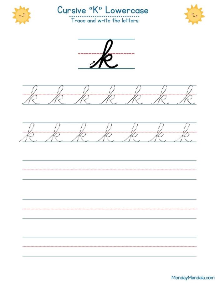 Third grade cursive K practice worksheet featuring Kyle and his keys to help students learn capital and lowercase letter formation