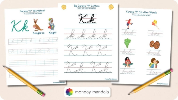 Third grade student practicing capital and lowercase cursive K letters with Kyle character and keys illustration for phonics worksheet 10