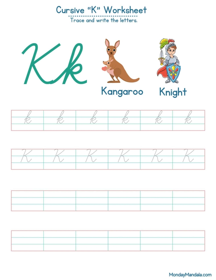 Kyle practices writing cursive K with his keys on this third grade phonics worksheet