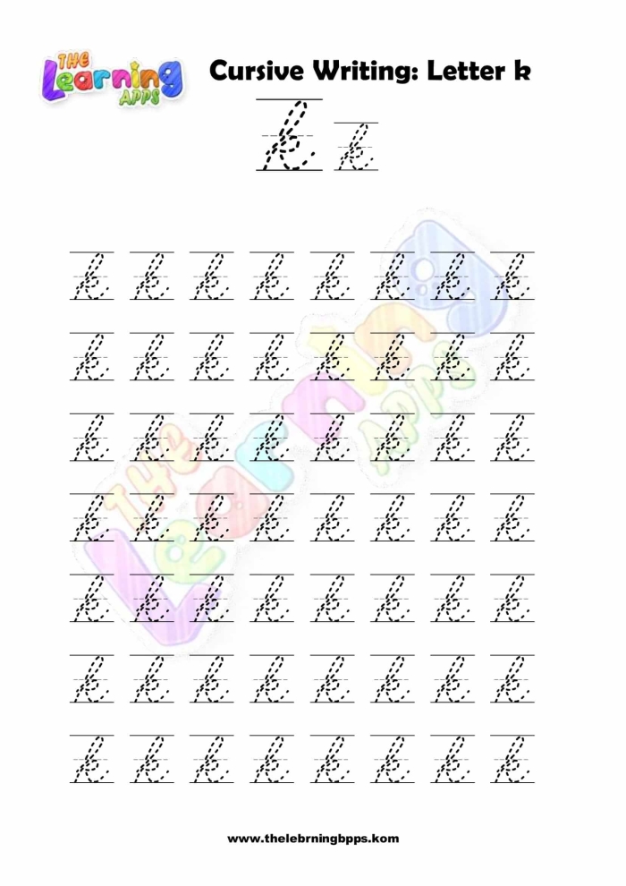 Third grade cursive K practice worksheet featuring Kyle and his keys learning activity