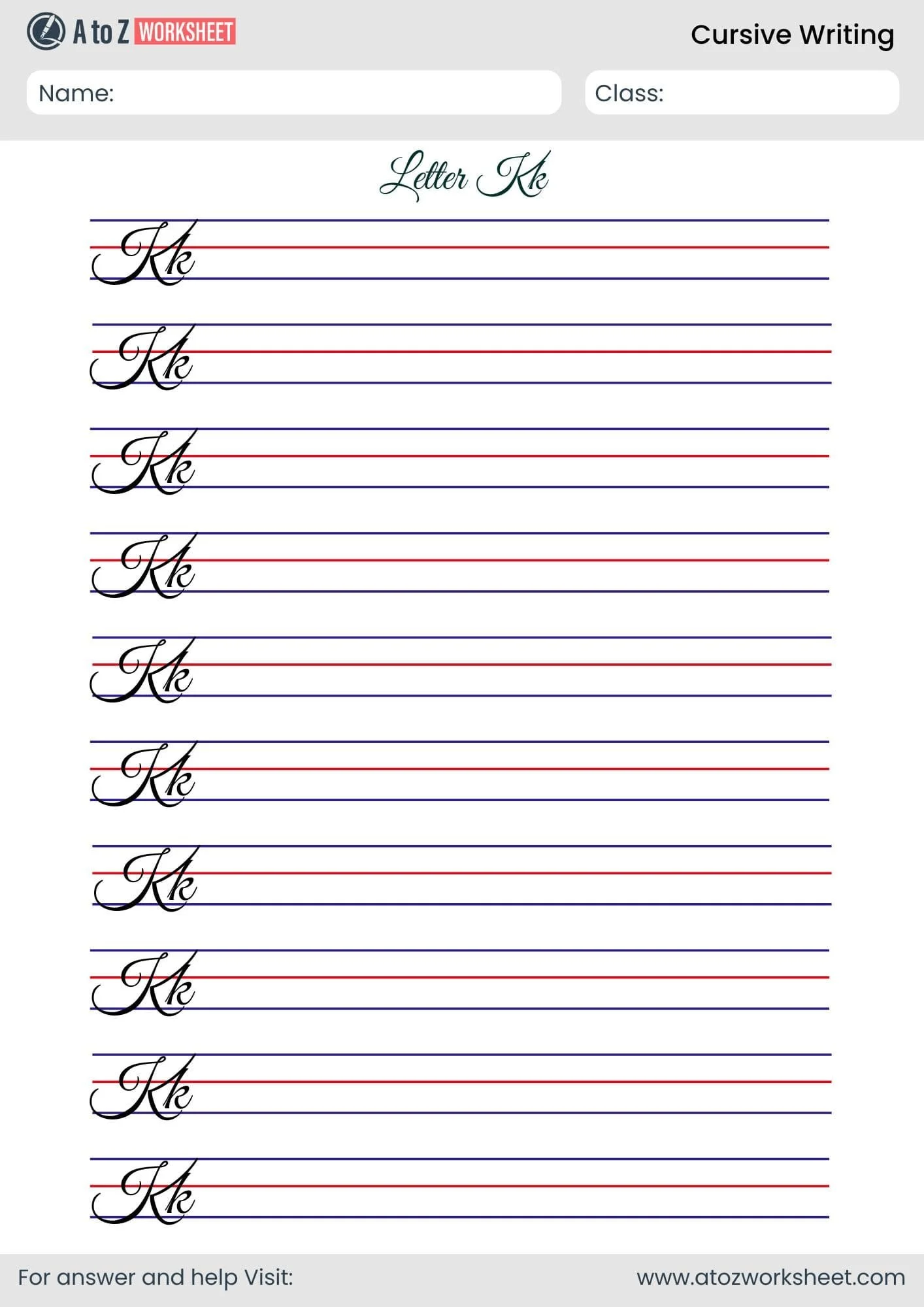 Kyle practices writing capital and lowercase K in cursive with his collection of keys on this third grade phonics worksheet