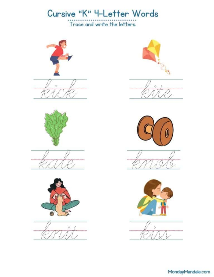Third grade cursive K practice worksheet featuring Kyle character with keys for writing capital and lowercase k letters