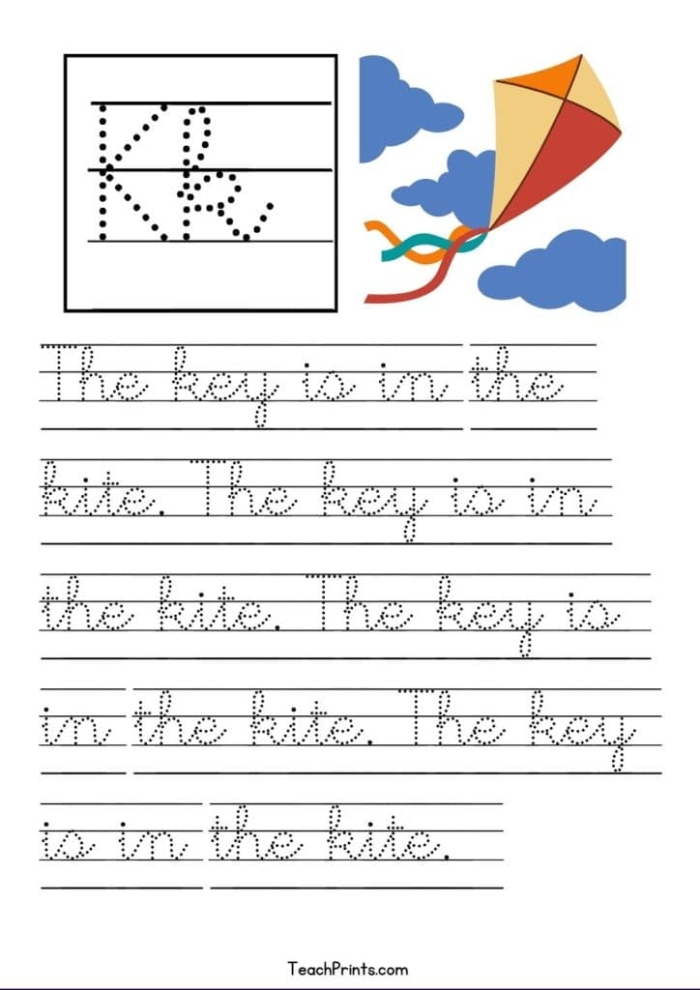 Third grade cursive K writing practice worksheet featuring Kyle and his keys learning activity