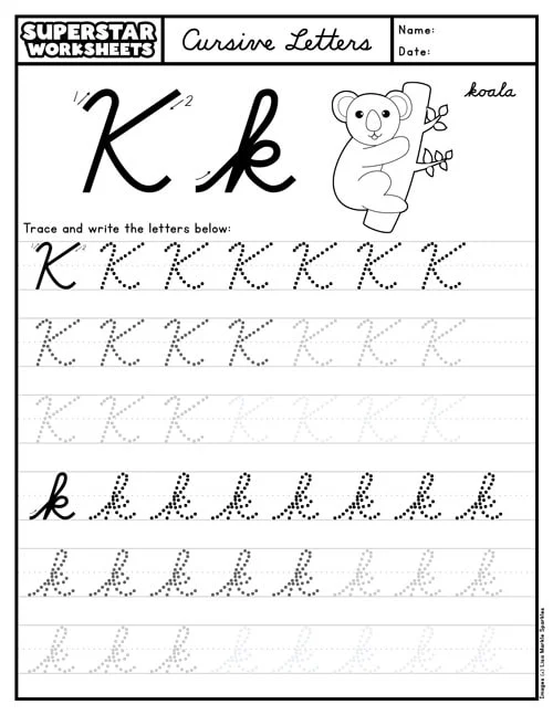 Kyle practices writing capital and lowercase K in cursive with his collection of keys on this third grade phonics worksheet