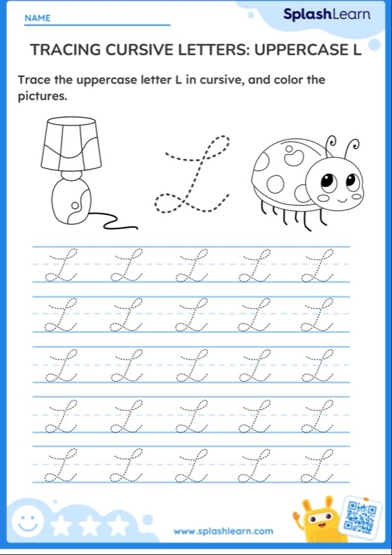 Worksheet featuring cursive L for improving penmanship in social studies activities Cursive L practice worksheet designed for third graders to enhance their writing skills