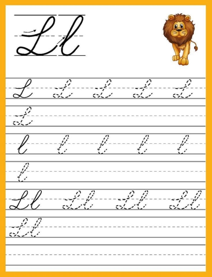 Cursive L Worksheet for Improving Penmanship in Social Studies Skills Cursive L practice worksheet designed for third graders to enhance their handwriting skills