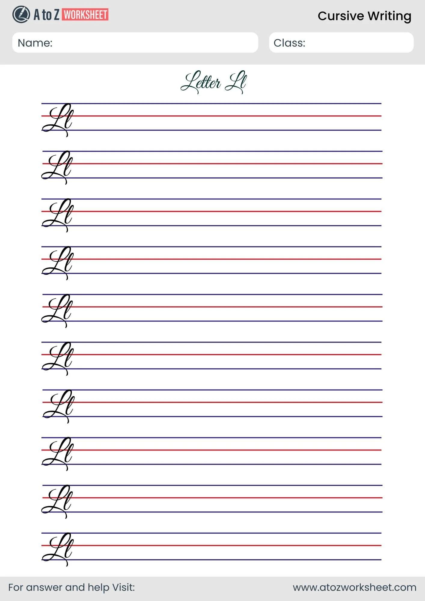Cursive L Practice Sheet for Improving Penmanship in Social Studies Cursive L worksheet designed for third graders to enhance their handwriting skills