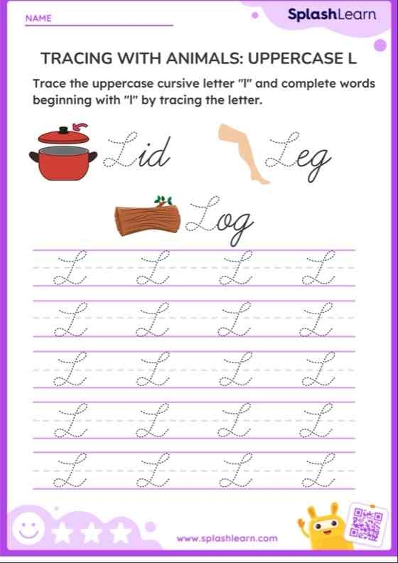 Cursive L practice sheet for improving penmanship in third grade social studies Cursive L worksheet designed for third graders to enhance their handwriting skills