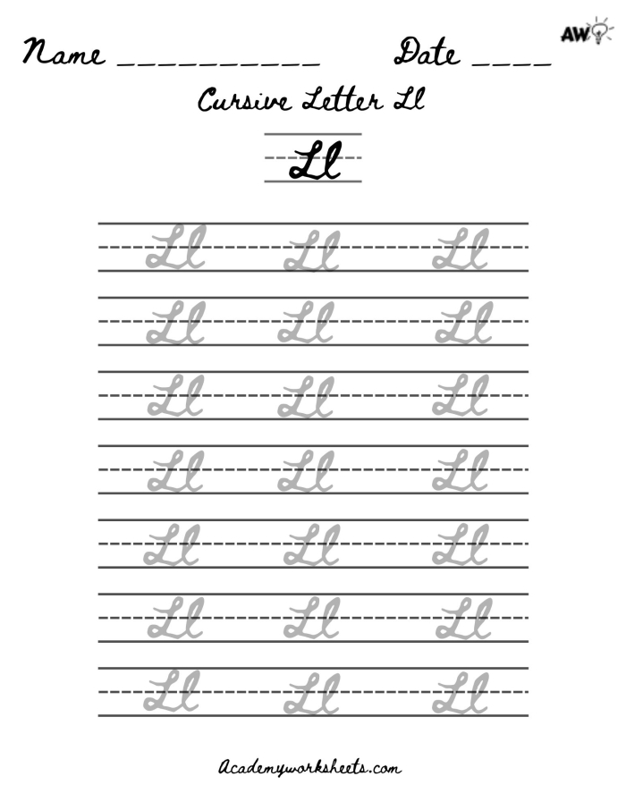 Third-grade cursive L worksheet to improve penmanship in social studies activities Cursive L practice worksheet designed for third-grade students to enhance their handwriting skills