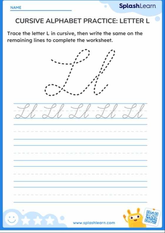 Cursive L worksheet for improving penmanship in third-grade social studies activities Cursive L practice worksheet designed for third-grade students to enhance their handwriting skills